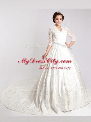 Colorful White Wedding Dresses Wedding Party and For with Lace V-neck 3 4 Length Sleeve Cathedral Train Clasp Handle