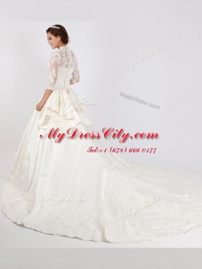 Colorful White Wedding Dresses Wedding Party and For with Lace V-neck 3 4 Length Sleeve Cathedral Train Clasp Handle