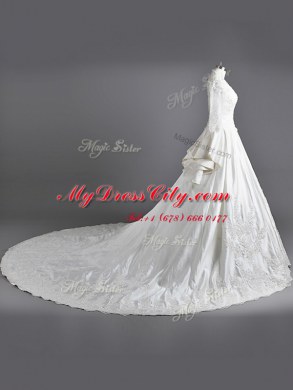 Colorful White Wedding Dresses Wedding Party and For with Lace V-neck 3 4 Length Sleeve Cathedral Train Clasp Handle