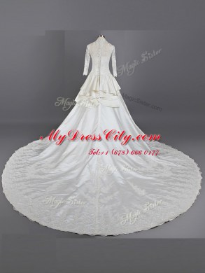 Colorful White Wedding Dresses Wedding Party and For with Lace V-neck 3 4 Length Sleeve Cathedral Train Clasp Handle
