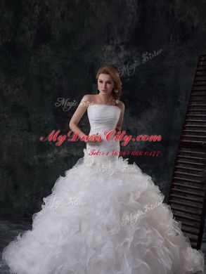 Elegant Sleeveless Brush Train Ruffles and Ruching Lace Up Wedding Gowns