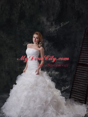 Elegant Sleeveless Brush Train Ruffles and Ruching Lace Up Wedding Gowns