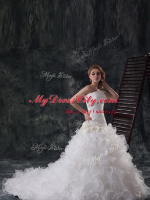 Elegant Sleeveless Brush Train Ruffles and Ruching Lace Up Wedding Gowns