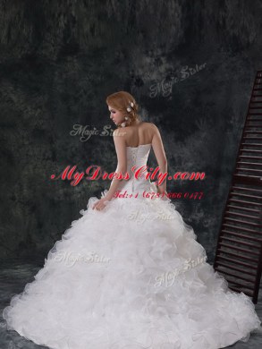 Elegant Sleeveless Brush Train Ruffles and Ruching Lace Up Wedding Gowns