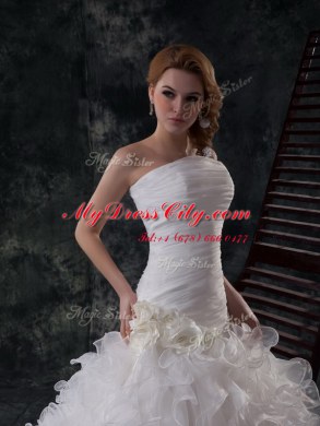 Elegant Sleeveless Brush Train Ruffles and Ruching Lace Up Wedding Gowns