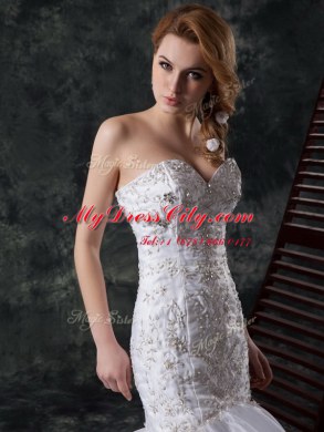 Elegant Mermaid Sweetheart Sleeveless Wedding Gown Brush Train Beading and Appliques and Ruffles White Organza