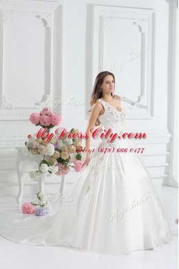 One Shoulder With Train Lace Up Wedding Dresses White for Wedding Party with Beading and Appliques and Hand Made Flower Brush Train
