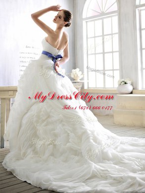 White Ball Gowns Organza Sweetheart Sleeveless Sashes ribbons With Train Lace Up Wedding Dress Court Train