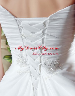 Spectacular Lace Up Wedding Dress White for Wedding Party with Beading and Ruching Brush Train