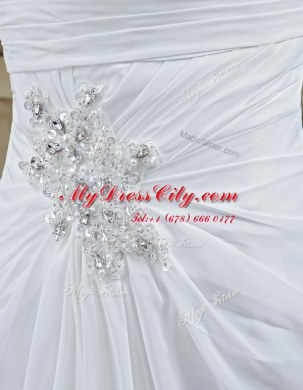 Spectacular Lace Up Wedding Dress White for Wedding Party with Beading and Ruching Brush Train