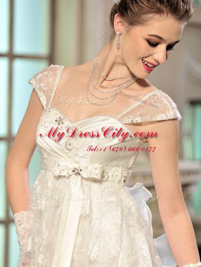 Glorious Brush Train Empire Wedding Dresses White Sweetheart Organza Cap Sleeves With Train Lace Up