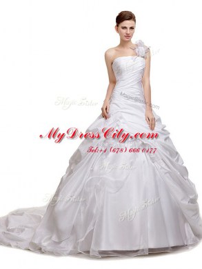 White Sleeveless With Train Ruching and Pick Ups Lace Up Wedding Dress