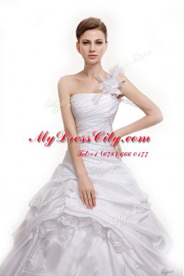 White Sleeveless With Train Ruching and Pick Ups Lace Up Wedding Dress