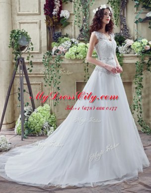 Artistic White Tulle and Lace Clasp Handle V-neck Long Sleeves Bridal Gown Court Train Lace and Appliques
