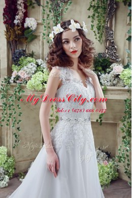 Artistic White Tulle and Lace Clasp Handle V-neck Long Sleeves Bridal Gown Court Train Lace and Appliques
