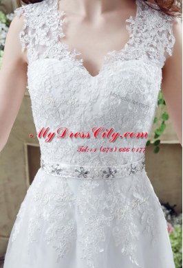 Artistic White Tulle and Lace Clasp Handle V-neck Long Sleeves Bridal Gown Court Train Lace and Appliques