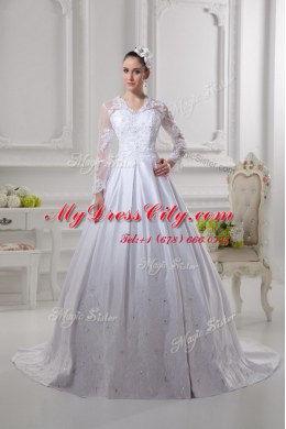 Fantastic White A-line Satin Scalloped Long Sleeves Lace Zipper Wedding Gown Court Train