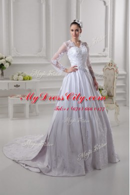 Fantastic White A-line Satin Scalloped Long Sleeves Lace Zipper Wedding Gown Court Train
