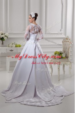 Fantastic White A-line Satin Scalloped Long Sleeves Lace Zipper Wedding Gown Court Train
