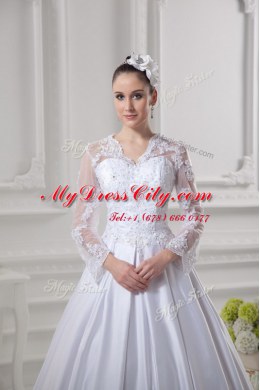 Fantastic White A-line Satin Scalloped Long Sleeves Lace Zipper Wedding Gown Court Train