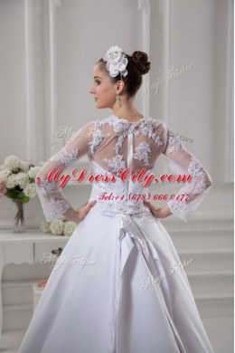 Fantastic White A-line Satin Scalloped Long Sleeves Lace Zipper Wedding Gown Court Train