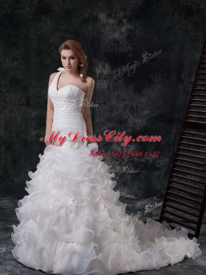 Mermaid One Shoulder Ruffled Sleeveless Brush Train Ruffles and Ruching and Hand Made Flower Lace Up Wedding Gown
