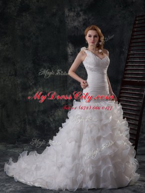 Mermaid One Shoulder Ruffled Sleeveless Brush Train Ruffles and Ruching and Hand Made Flower Lace Up Wedding Gown