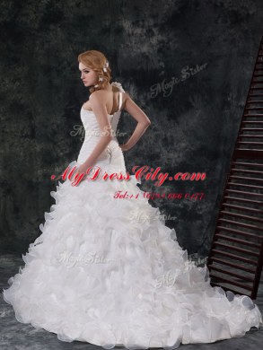 Mermaid One Shoulder Ruffled Sleeveless Brush Train Ruffles and Ruching and Hand Made Flower Lace Up Wedding Gown