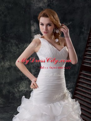 Mermaid One Shoulder Ruffled Sleeveless Brush Train Ruffles and Ruching and Hand Made Flower Lace Up Wedding Gown