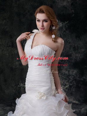 Mermaid One Shoulder Ruffled Sleeveless Brush Train Ruffles and Ruching and Hand Made Flower Lace Up Wedding Gown