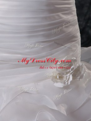 Mermaid One Shoulder Ruffled Sleeveless Brush Train Ruffles and Ruching and Hand Made Flower Lace Up Wedding Gown