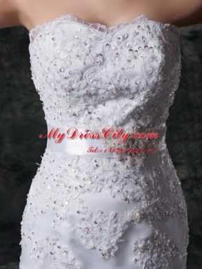 Mermaid Lace Up Bridal Gown White for Wedding Party with Beading and Appliques and Bowknot and Belt Brush Train