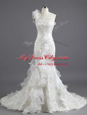 Mermaid White Satin Lace Up Bridal Gown Sleeveless With Train Chapel Train Beading and Appliques and Ruffles