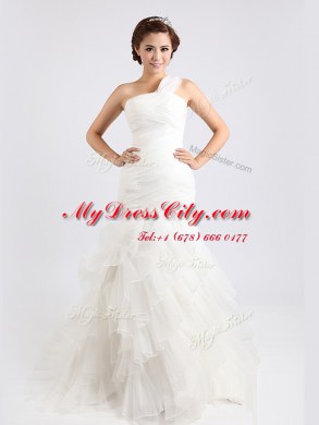 High Class Mermaid One Shoulder Sleeveless Organza Bridal Gown Ruffled Layers Brush Train Zipper