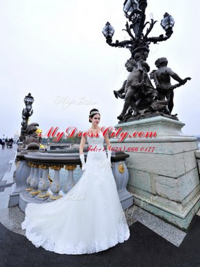 White A-line Organza V-neck Short Sleeves Beading and Lace and Appliques With Train Lace Up Wedding Dress Sweep Train