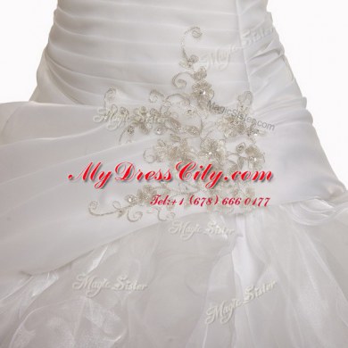 With Train White Wedding Dress Organza Court Train Sleeveless Beading and Appliques and Ruffles and Pick Ups