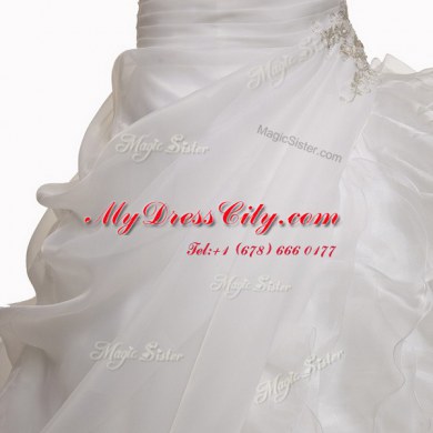 With Train White Wedding Dress Organza Court Train Sleeveless Beading and Appliques and Ruffles and Pick Ups