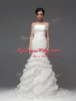 Glamorous Ruffled Brush Train Mermaid Wedding Dress White Strapless Organza Sleeveless With Train Lace Up