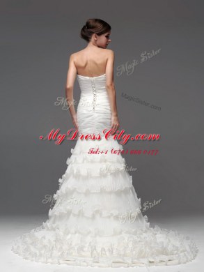 Glamorous Ruffled Brush Train Mermaid Wedding Dress White Strapless Organza Sleeveless With Train Lace Up