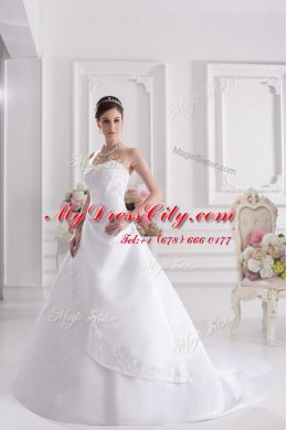Excellent White A-line Beading and Appliques Wedding Gowns Zipper Satin Sleeveless With Train