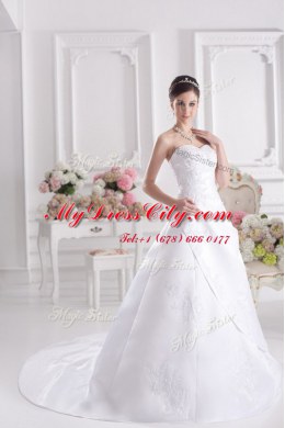 Excellent White A-line Beading and Appliques Wedding Gowns Zipper Satin Sleeveless With Train