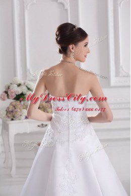 Excellent White A-line Beading and Appliques Wedding Gowns Zipper Satin Sleeveless With Train