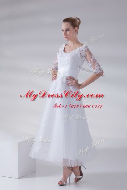 Fantastic Scoop White Tulle and Lace Lace Up Wedding Dress Sleeveless Ankle Length Lace and Appliques