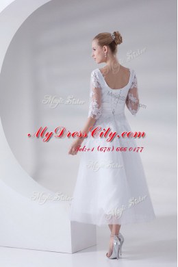 Fantastic Scoop White Tulle and Lace Lace Up Wedding Dress Sleeveless Ankle Length Lace and Appliques