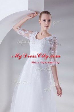 Fantastic Scoop White Tulle and Lace Lace Up Wedding Dress Sleeveless Ankle Length Lace and Appliques