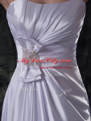 Extravagant Silver Lace Up Wedding Gowns Beading and Ruching and Bowknot Sleeveless Brush Train