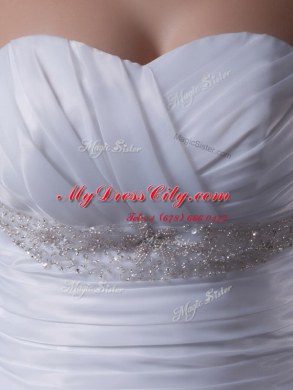 Sleeveless Floor Length Beading and Ruching and Pick Ups Lace Up Wedding Gowns with White Brush Train