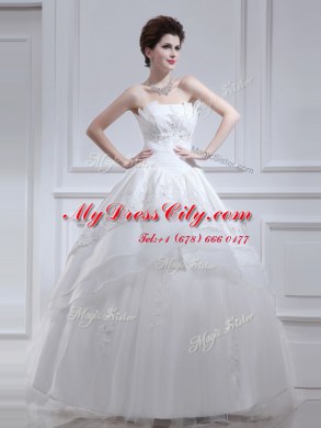 Noble Sleeveless Floor Length Beading and Appliques and Ruffled Layers Lace Up Bridal Gown with White
