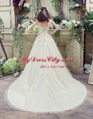 Discount A-line Sleeveless Champagne Wedding Dresses Court Train Lace Up