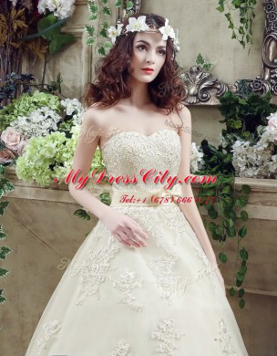 Discount A-line Sleeveless Champagne Wedding Dresses Court Train Lace Up